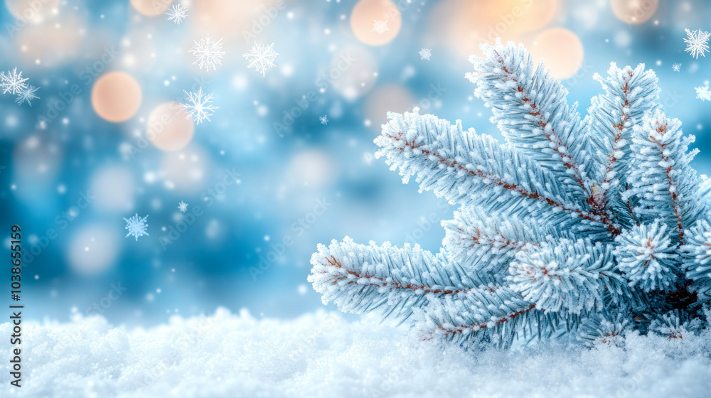 Fir tree branch in ice crust, cold blue tone Fir tree branch in ice crust, cold blue tone
