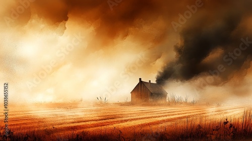 Dust storm enveloping a smart farming field, eco-technology in action, vibrant earthy tones, dynamic digital artwork photo