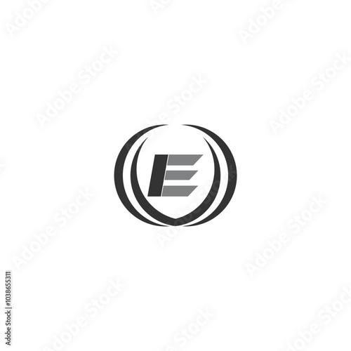 E black and gray logo with circle