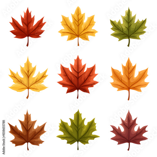 A collection of nine vividly colored maple leaves, showcasing a range of autumnal hues and leaf shapes.