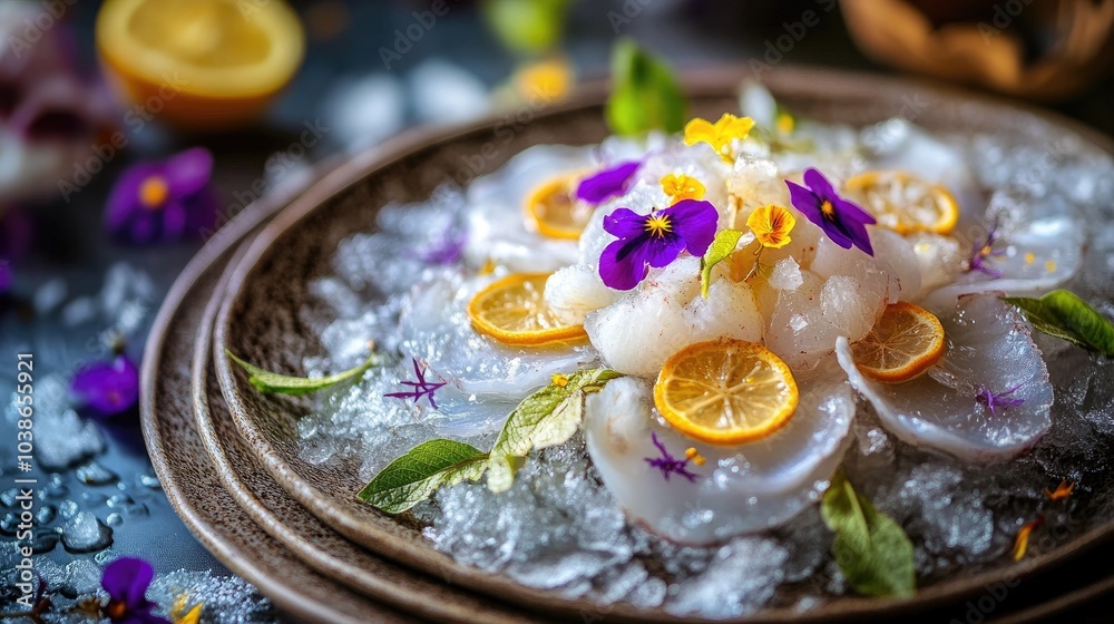 Elegant Seafood Dish with Flowers and Citrus Display Elegant Seafood Dish with Flowers and Citrus Display