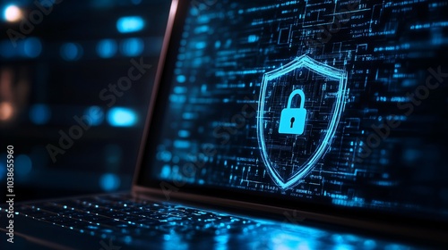 Laptop screen displaying a lock icon on a shield symbol representing cybersecurity on a blue background 
