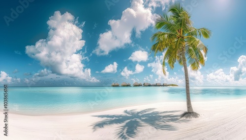 Pristine white sandy beach with a single palm tree overlooking tranquil turquoise waters and distant overwater bungalows under a blue sky with fluffy clouds