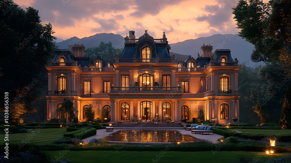 Fototapeta premium French Countryside Mansion at Dusk