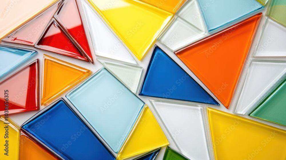Abstract geometric glass tiles arranged in a modern design, blending bright colors with unique shapes. Abstract geometric glass tiles arranged in a modern design, blending bright colors with unique shapes.