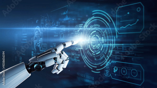 Futuristic Robot Hand Interacting with Holographic Data Web Generative AI