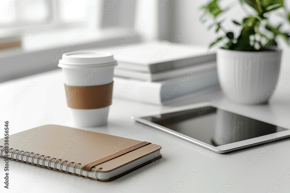 Fototapeta premium A minimalist office desk with a tablet, a notebook, and a coffee cup isolated on a white background