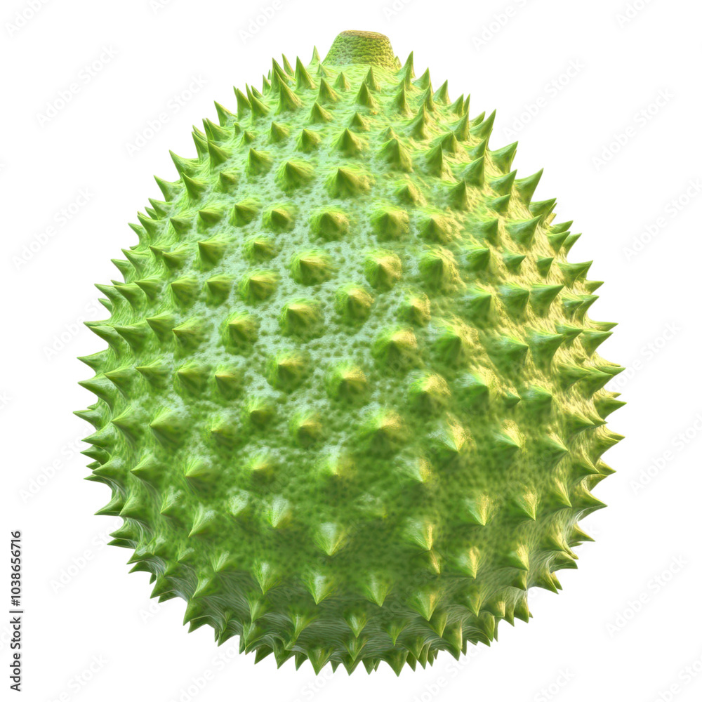 A ripe soursop clipart, fruit element, 3D render, green spiky texture, isolated on white background