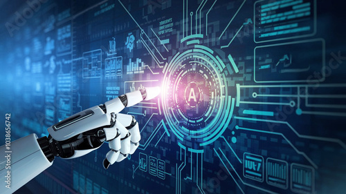 Futuristic Robot Hand Interacting with Holographic Data Web Generative AI
