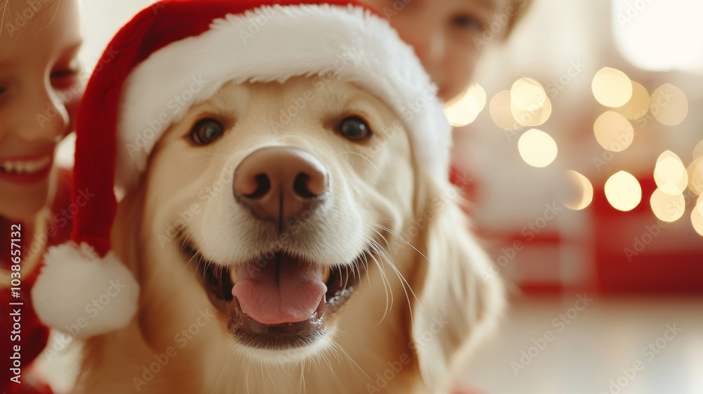 Happy children placing Santa hat on their dog, creating joyful holiday atmosphere. dogs cheerful expression adds to festive spirit Happy children placing Santa hat on their dog, creating joyful holiday atmosphere. dogs cheerful expression adds to festive spirit