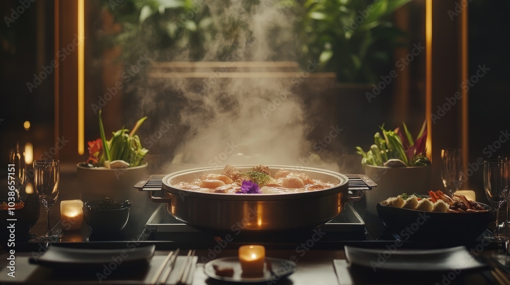 Cozy Dining Table with Hot Pot and Steam Effect Cozy Dining Table with Hot Pot and Steam Effect