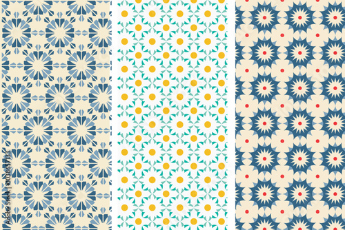 Collection of art seamless geometric ornamental patterns. Elegant minimalist soft color pattern design. Repeatable oriental fabric pattern. 