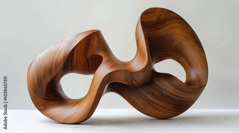 Abstract wood sculpture featuring curved forms and intricate grain details. Abstract wood sculpture featuring curved forms and intricate grain details.