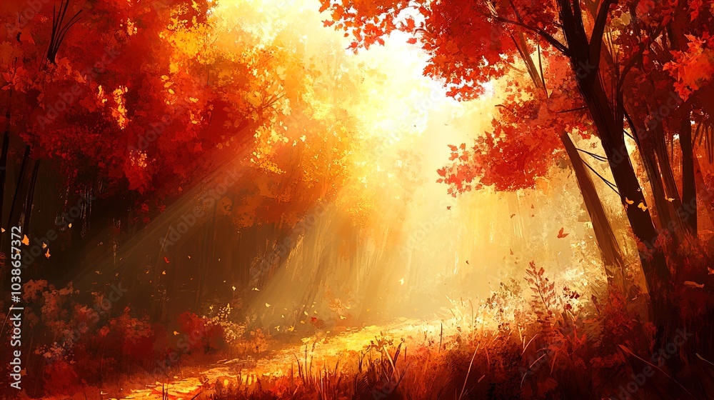 Fototapeta premium A picturesque autumn scene depicts a forest bathed in warm, golden light. Tall trees with vibrant red and orange leaves line a soft, winding path. Sunlight filters through the foliage, creating a drea
