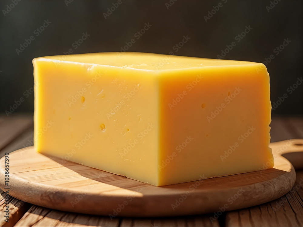 Yellow block of cheese sits on a wooden cutting board Yellow block of cheese sits on a wooden cutting board