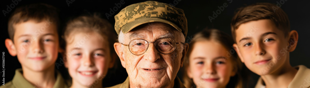 Generational photo of veteran surrounded by children, showcasing love and connection. veterans smile reflects pride and warmth, creating heartwarming family moment Generational photo of veteran surrounded by children, showcasing love and connection. veterans smile reflects pride and warmth, creating heartwarming family moment