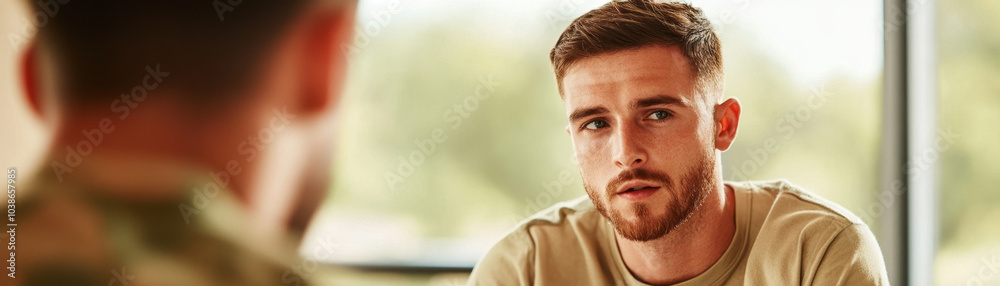 Obraz premium military psychologist is encouraging veteran to share feelings during supportive conversation. atmosphere is calm and focused, promoting emotional well being