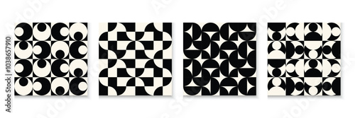 Abstract retro black and white geometric pattern background. Trendy bauhaus pattern background set. circle, triangle and square shapes.