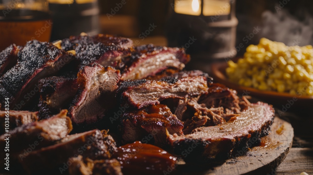 A succulent barbecue platter piled high with ribs, brisket, and pulled pork A succulent barbecue platter piled high with ribs, brisket, and pulled pork