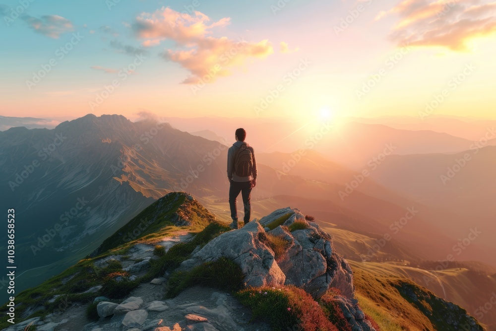 Fototapeta premium A person stands at the summit of a mountain, admiring the stunning landscape under a summer morning sun