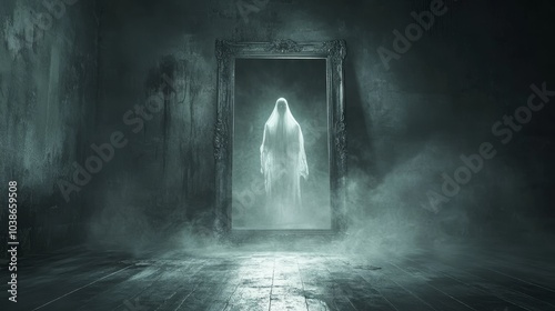 Obraz na płótnie Ghostly Reflection in a Dim Room, an eerie mirror reveals a spectral presence, captivating and chilling atmosphere, haunting allure w salonie
