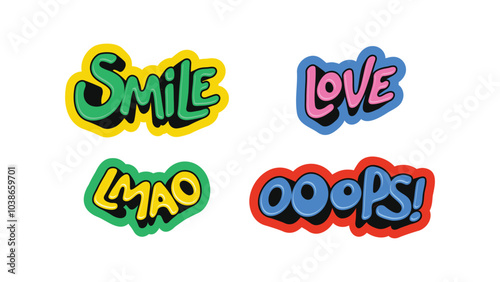 Smile, LMAO, Love, Ooops stickers. Colorful social media slang doodles with fun expression typography. Vector illustration.