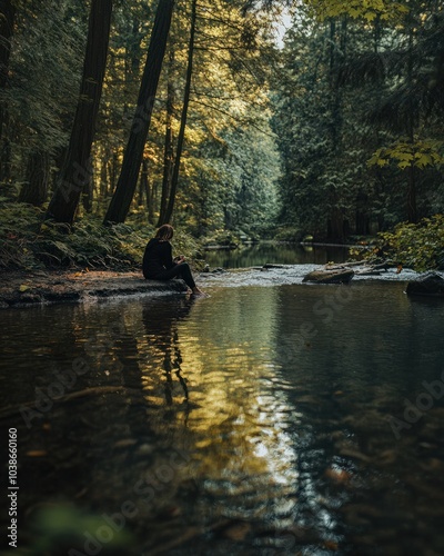 A calming forest stream, where a person sits at the water edge, dipping their hands into the cool water while surrounded by the tranquil sounds of flowing water and rustling leaves photo