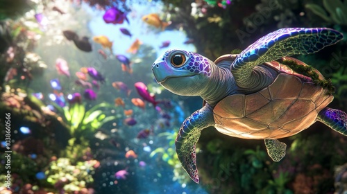Fototapeta Naklejka Na Ścianę i Meble -  A cute cartoon sea turtle swims in a colorful underwater world, surrounded by fish and coral.