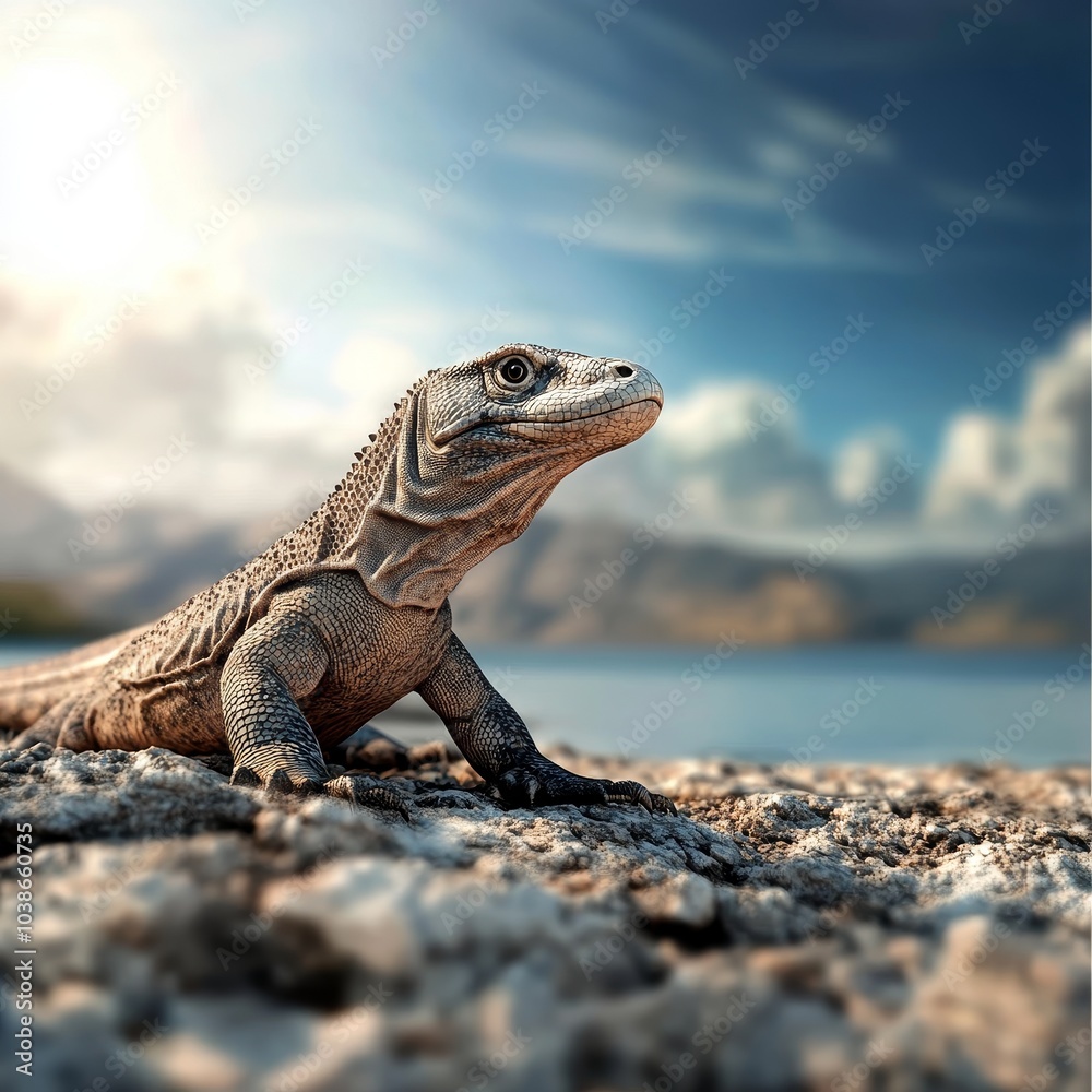Komodo dragon on rugged rocks, vibrant island backdrop, stunning 3D representation, wildlife in a captivating environment