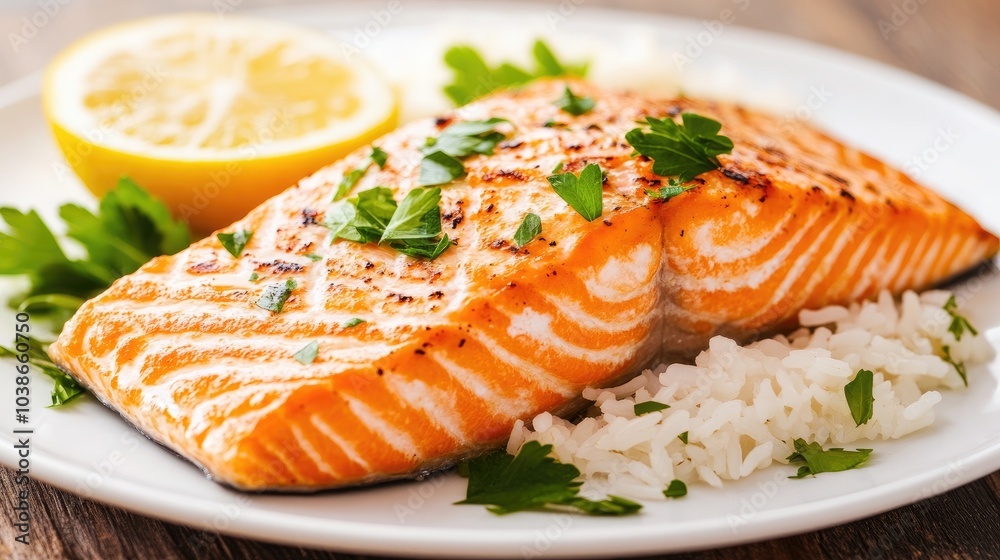 Fresh Grilled Salmon with Lemon and Rice Fresh Grilled Salmon with Lemon and Rice