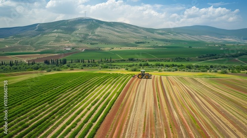 Striking aerial shot of a lone tractor working on the vibrant, patchwork-like fields, symbolizing agriculture and sustenance