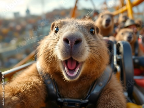 Adorable baby capybara takes a selfie on a roller coaster, wide-eyed and looking a bit shocked