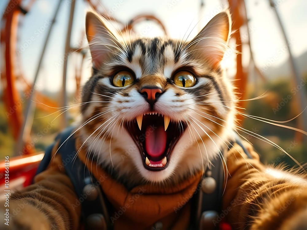 Adorable cat takes a selfie on a roller coaster, wide-eyed and looking ...