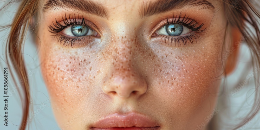 Fototapeta premium Close-up Portrait of a Woman with Freckles and Blue Eyes