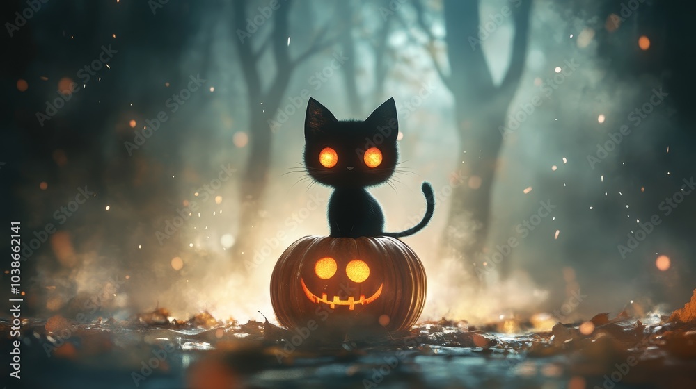 Enigmatic feline on a vibrant pumpkin, luminous gaze, captivating 3D artwork, perfect for autumn-themed decor or storytelling. Enigmatic feline on a vibrant pumpkin, luminous gaze, captivating 3D artwork, perfect for autumn-themed decor or storytelling.