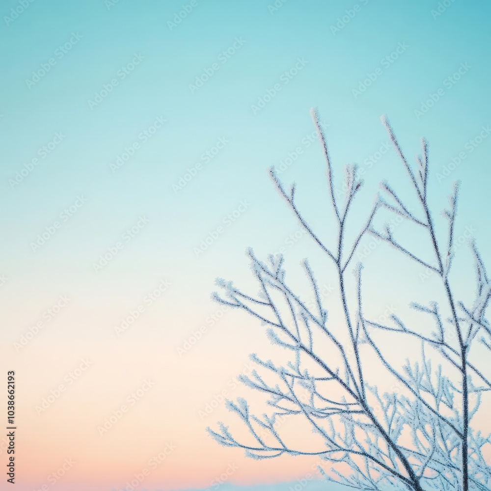 Obraz premium Frost-covered branches silhouetted against a pastel winter sky