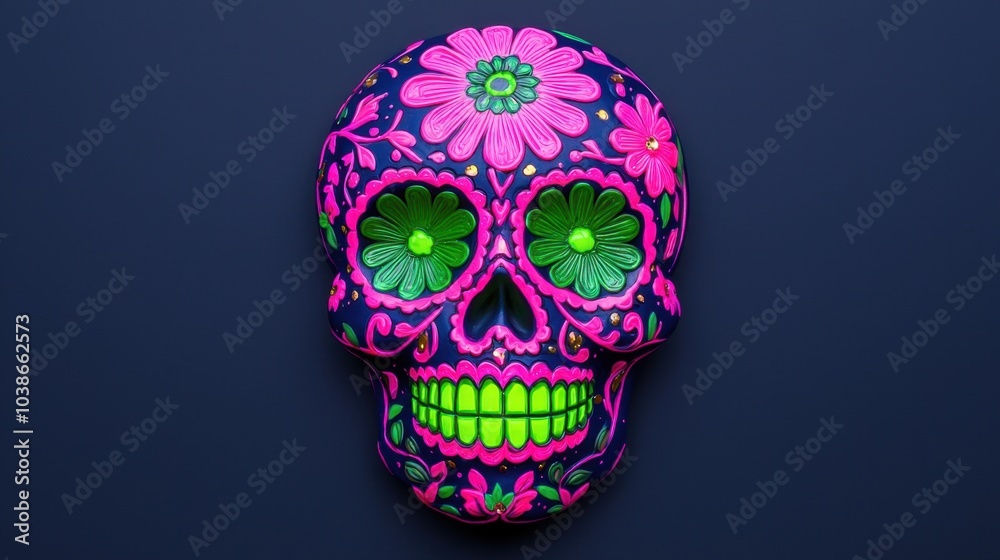 Festive luminous sugar skull color concept. A vibrant decorated skull featuring floral patterns in bright colors on a dark background symbolizing life and death