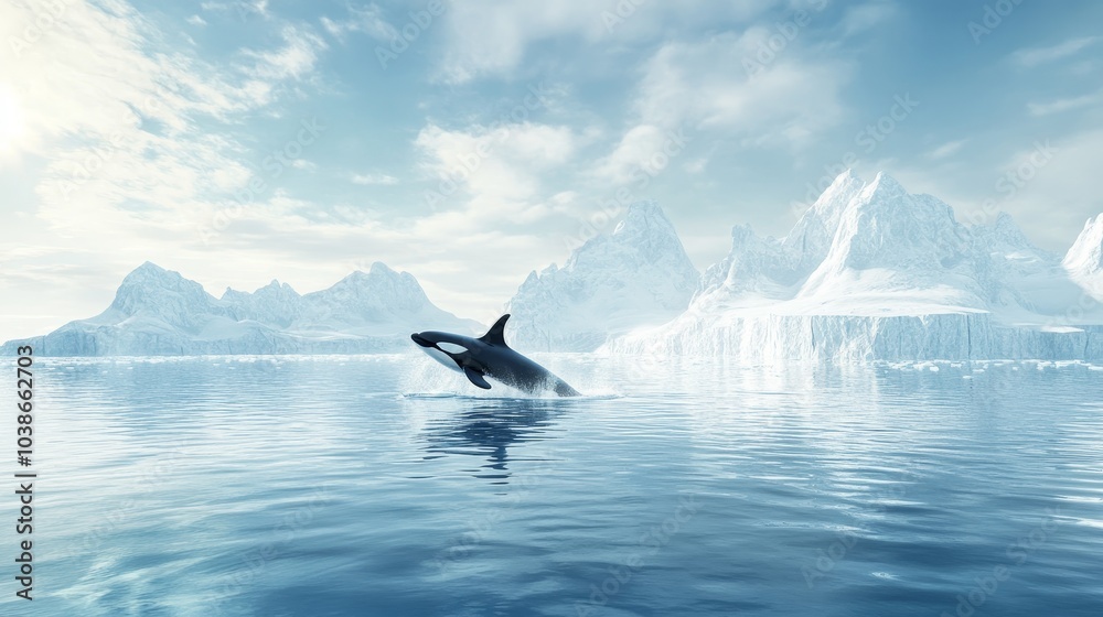 Orcas leaping from frigid Antarctic waters, dynamic seascape, vibrant marine life, captivating natural display