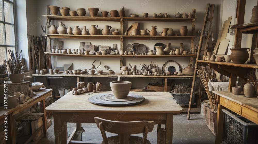 A tranquil pottery studio with pottery wheels and creative clay sculptures, Pottery tools and artistic setups arranged for pottery making, Classic photo of A tranquil pottery studio with pottery wheels and creative clay sculptures, Pottery tools and artistic setups arranged for pottery making, Classic photo of