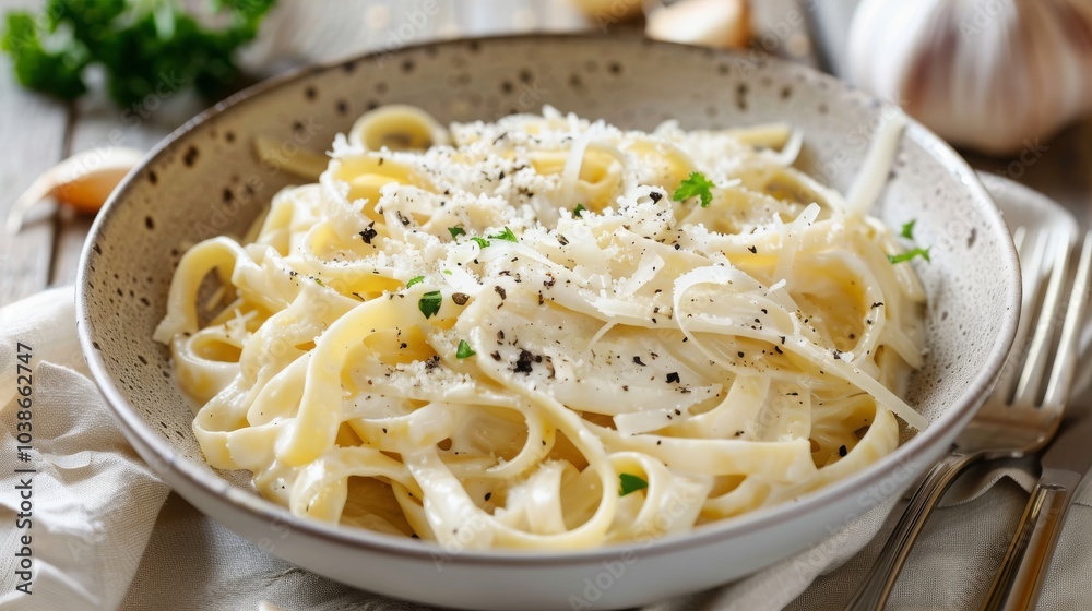 A close-up shot of a bowl of fettuccine alfredo, a classic Italian pasta dish. A close-up shot of a bowl of fettuccine alfredo, a classic Italian pasta dish.