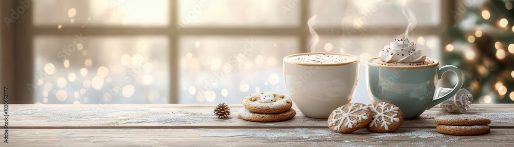 Gingerbread lattes with holiday cookies, cozy winter setting, flat design illustration Gingerbread lattes with holiday cookies, cozy winter setting, flat design illustration