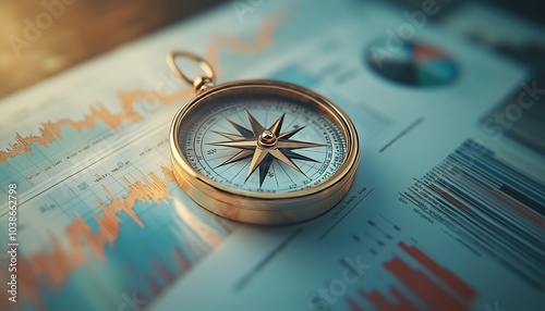 Golden compass sits on financial documents with graphs and charts, offering direction in market analysis.