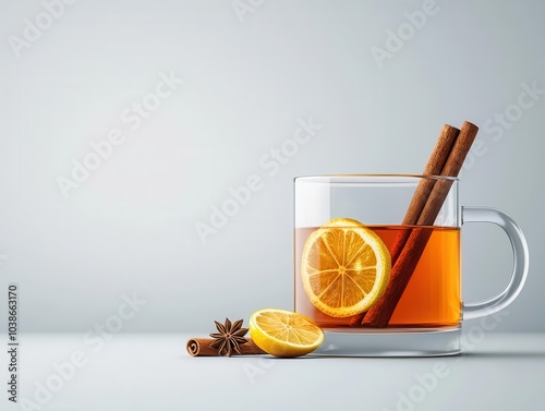 Hot toddy with a cinnamon stick and lemon slice, winter holiday vibe, flat design illustration