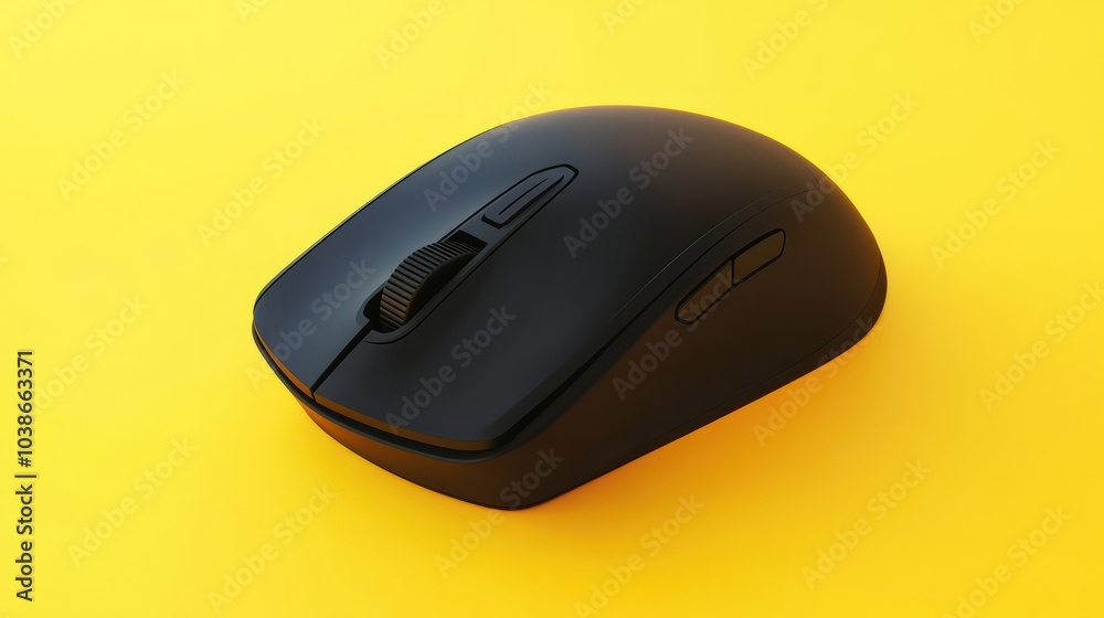 Black wireless mouse on yellow background