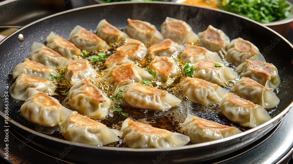 Delicious Dumplings Cooking in a Frying Pan Delicious Dumplings Cooking in a Frying Pan