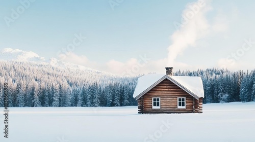 Frosty wooden cabin with smoke curling from the chimney, cozy winter retreat