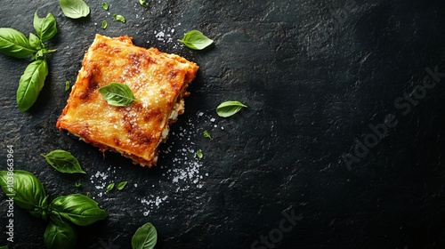 Beef and ricotta lasagna, isolated on a dark slate surface, surrounded by fresh basil leaves and a sprinkle of sea salt