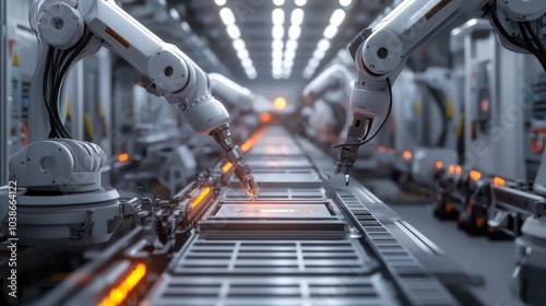 Battery manufacturing line with robotic arms assembling electric vehicle battery cells.