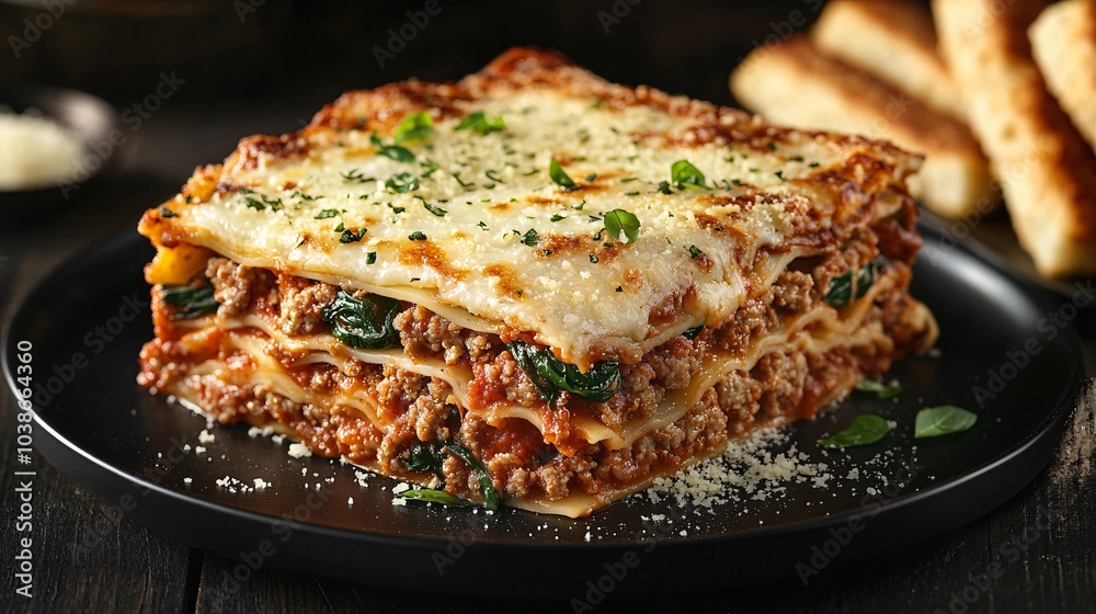 Cheesy lasagna with sausage and spinach, isolated on a black ceramic plate, with garlic breadsticks and a sprinkle of parmesan Cheesy lasagna with sausage and spinach, isolated on a black ceramic plate, with garlic breadsticks and a sprinkle of parmesan