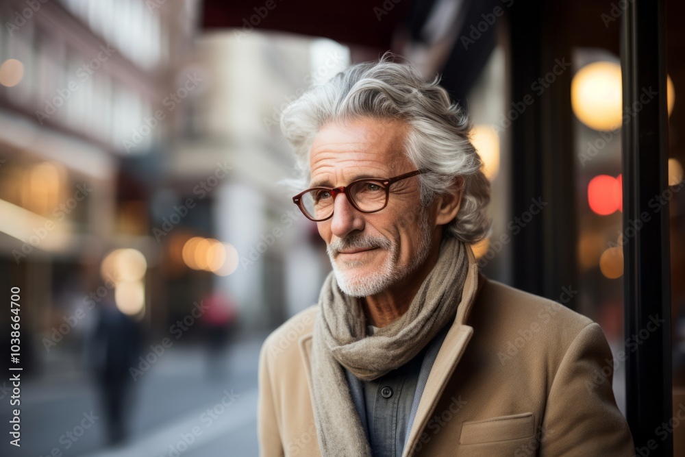 Portrait of a senior man with eyeglasses looking away in the city Portrait of a senior man with eyeglasses looking away in the city